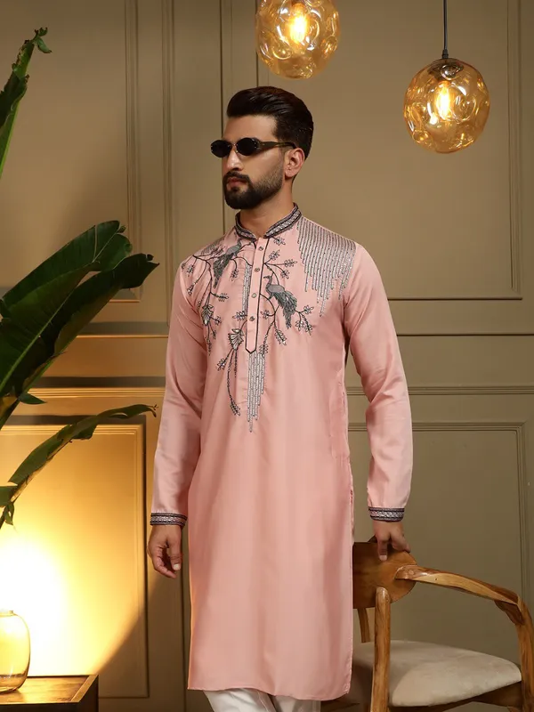 pistell_pink-_Star_Silk_Straight_Embroidered_Kurta_For_Men