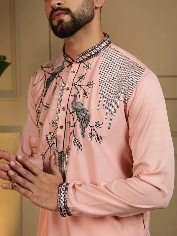 pistell_pink-_Star_Silk_Straight_Embroidered_Kurta_For_Men