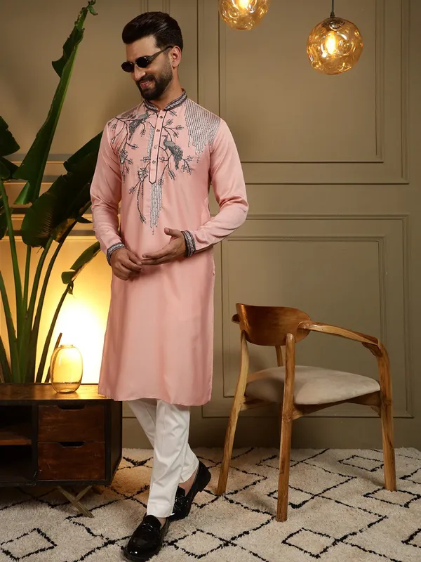 pistell_pink-_Star_Silk_Straight_Embroidered_Kurta_For_Men
