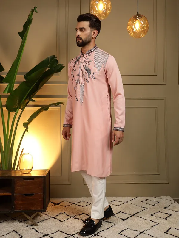 pistell_pink-_Star_Silk_Straight_Embroidered_Kurta_For_Men