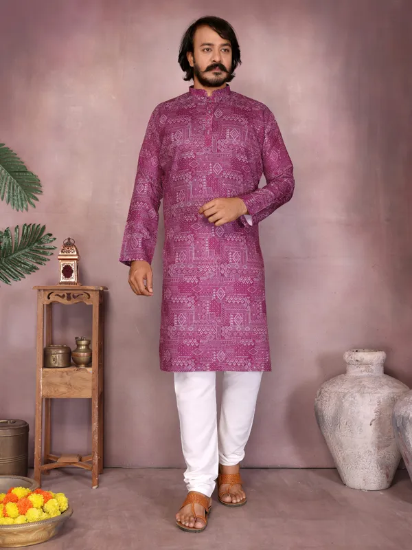 purple_-_Star_Silk_Straight_Embroidered_Kurta_For_Men