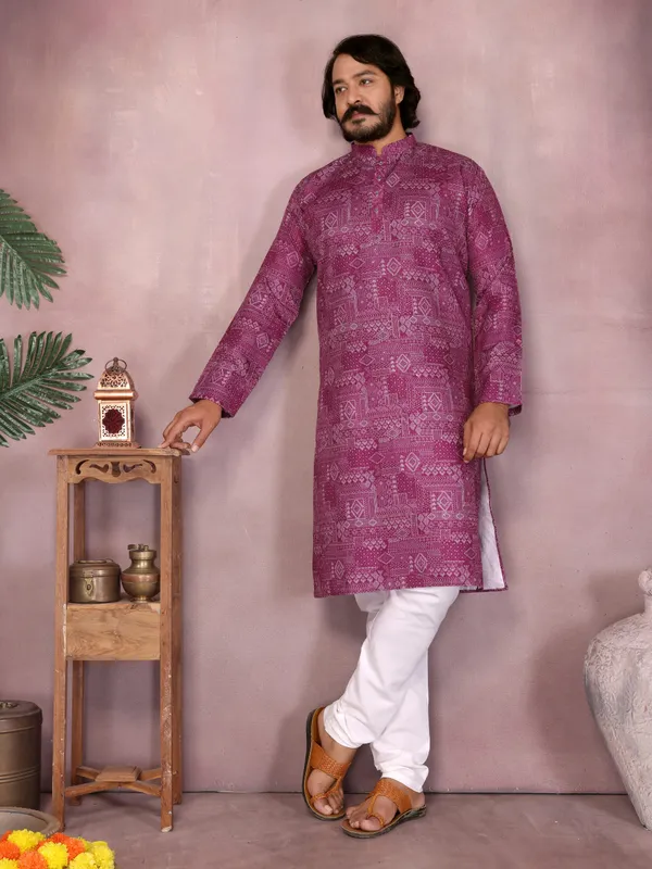 purple_-_Star_Silk_Straight_Embroidered_Kurta_For_Men