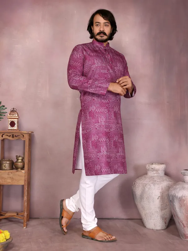 purple_-_Star_Silk_Straight_Embroidered_Kurta_For_Men