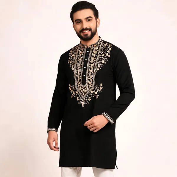 Black_Cotton_Straight_Embroidered_Kurta_For_Men