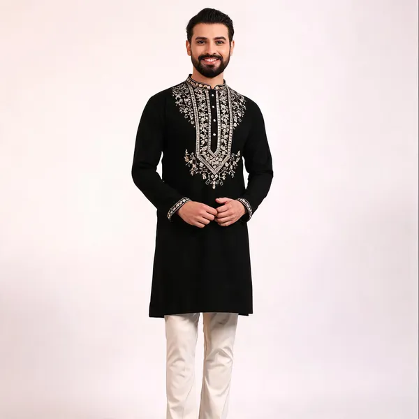Black_Cotton_Straight_Embroidered_Kurta_For_Men
