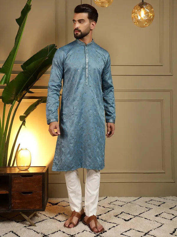 rama_blue-_Star_Silk_Straight_Embroidered_Kurta_For_Men