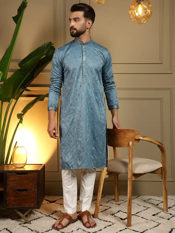 rama_blue-_Star_Silk_Straight_Embroidered_Kurta_For_Men