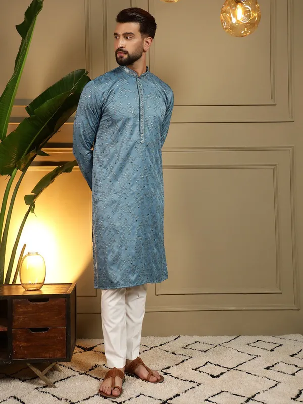 rama_blue-_Star_Silk_Straight_Embroidered_Kurta_For_Men