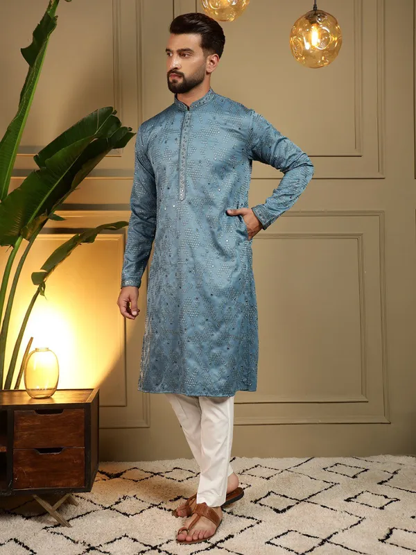 rama_blue-_Star_Silk_Straight_Embroidered_Kurta_For_Men