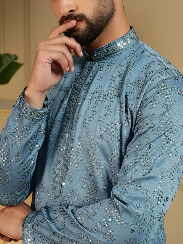 rama_blue-_Star_Silk_Straight_Embroidered_Kurta_For_Men