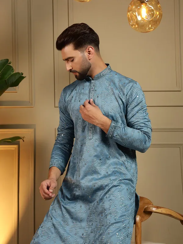 rama_blue-_Star_Silk_Straight_Embroidered_Kurta_For_Men