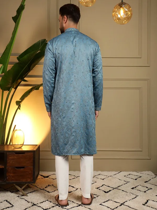 rama_blue-_Star_Silk_Straight_Embroidered_Kurta_For_Men