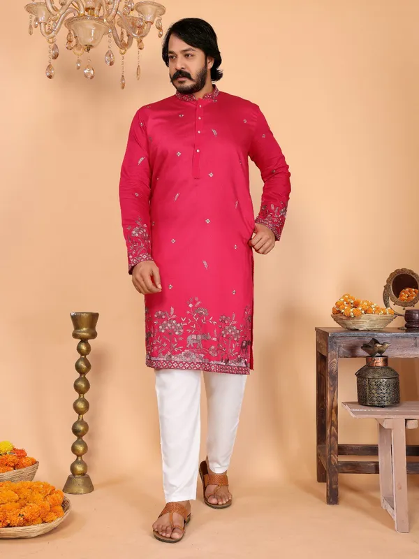 rani_pink-_Star_Silk_Straight_Embroidered_Kurta_For_Men