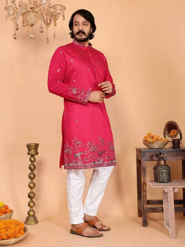 rani_pink-_Star_Silk_Straight_Embroidered_Kurta_For_Men