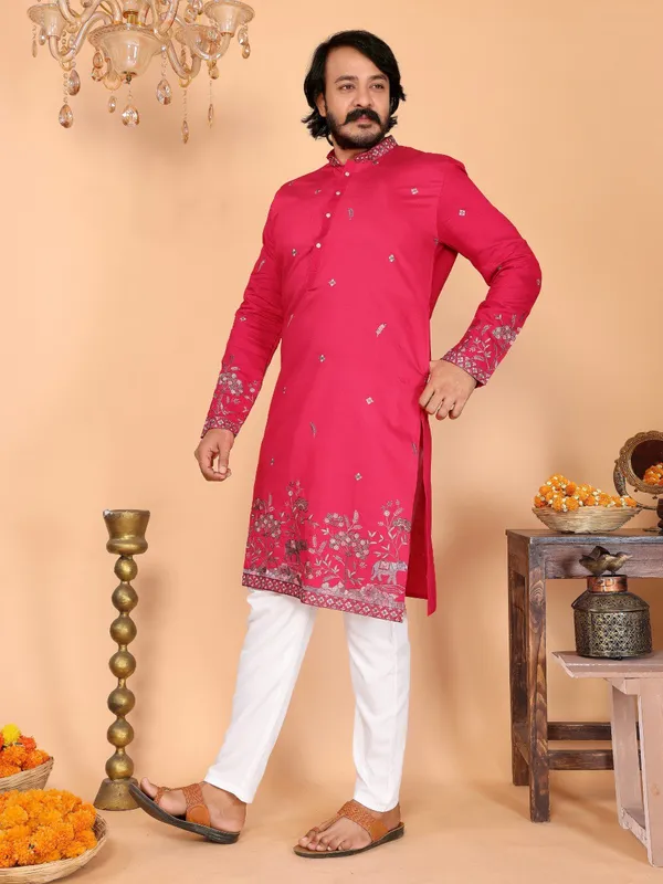 rani_pink-_Star_Silk_Straight_Embroidered_Kurta_For_Men