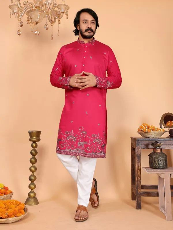 rani_pink-_Star_Silk_Straight_Embroidered_Kurta_For_Men