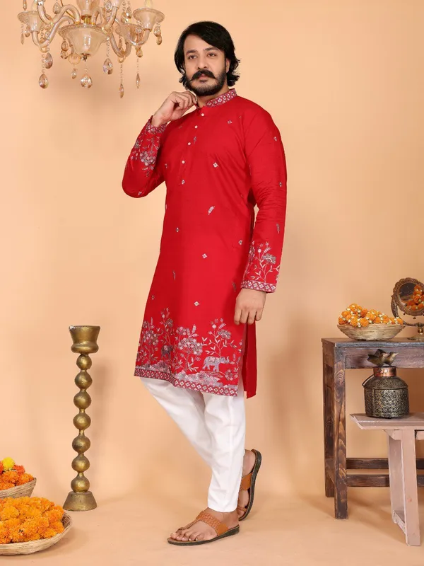 red___-_Star_Silk_Straight_Embroidered_Kurta_For_Men