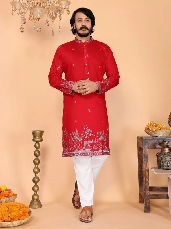 red___-_Star_Silk_Straight_Embroidered_Kurta_For_Men