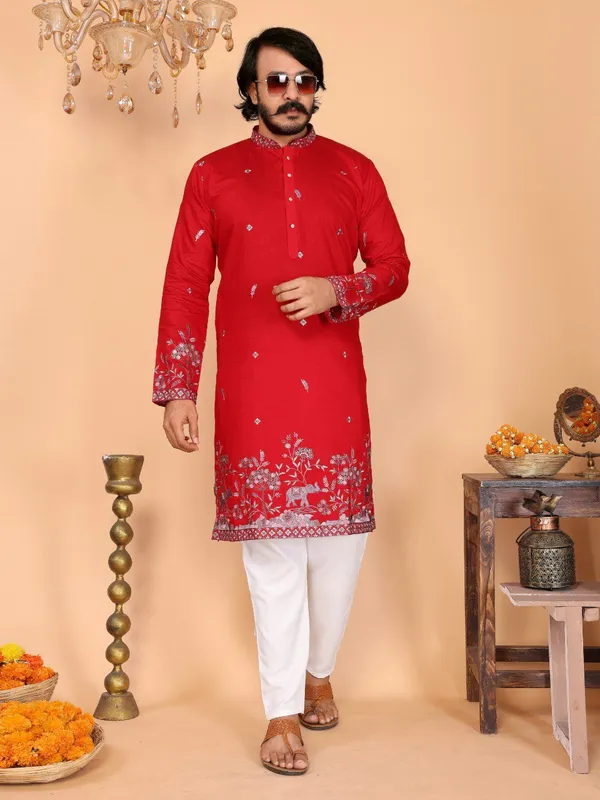 red___-_Star_Silk_Straight_Embroidered_Kurta_For_Men