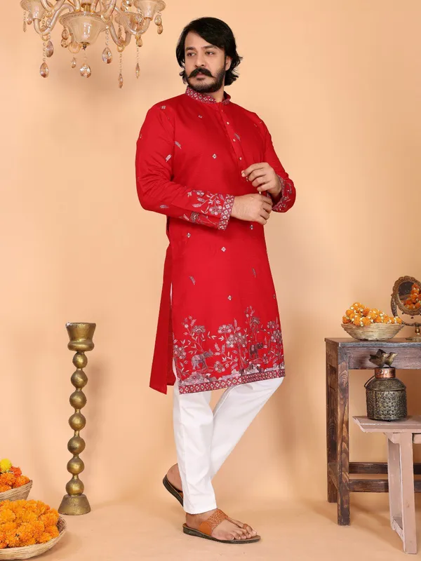 red___-_Star_Silk_Straight_Embroidered_Kurta_For_Men