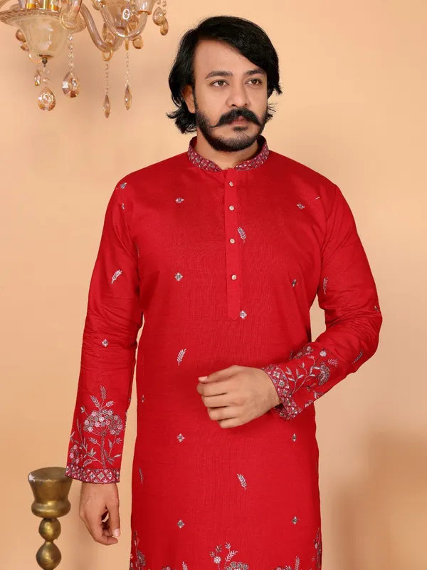 red___-_Star_Silk_Straight_Embroidered_Kurta_For_Men