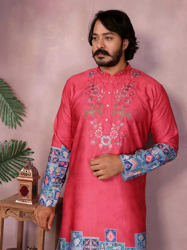 red_gajri-_Star_Silk_Straight_Embroidered_Kurta_For_Men