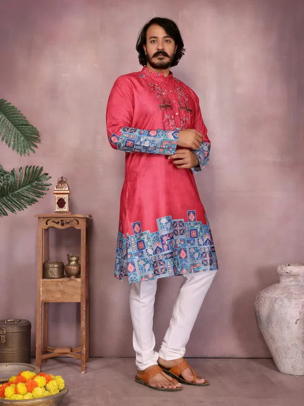 red_gajri-_Star_Silk_Straight_Embroidered_Kurta_For_Men