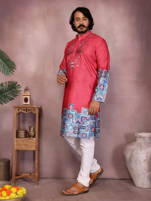 red_gajri-_Star_Silk_Straight_Embroidered_Kurta_For_Men