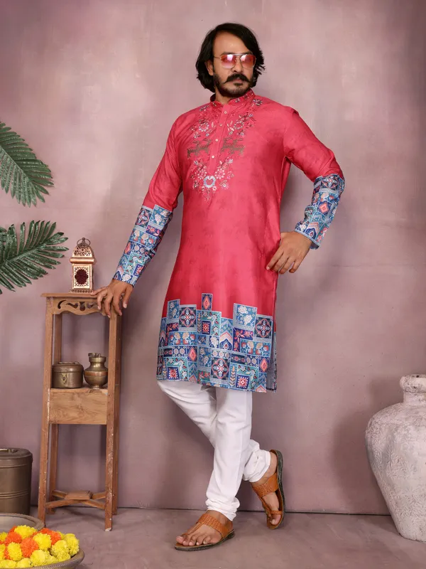 red_gajri-_Star_Silk_Straight_Embroidered_Kurta_For_Men