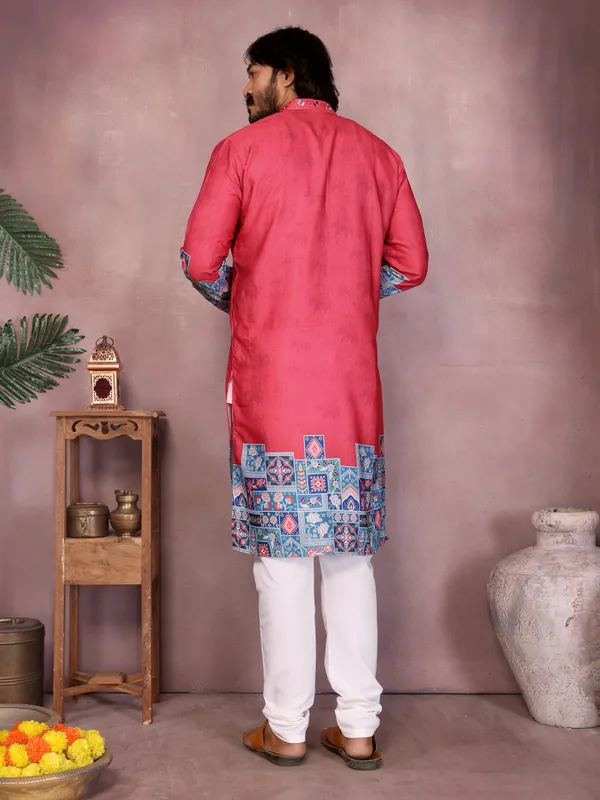 red_gajri-_Star_Silk_Straight_Embroidered_Kurta_For_Men