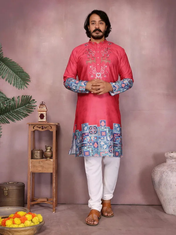 red_gajri-_Star_Silk_Straight_Embroidered_Kurta_For_Men