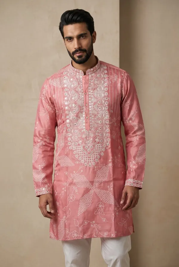 rose_pink-_Star_Silk_Straight_Embroidered_Kurta_For_Men
