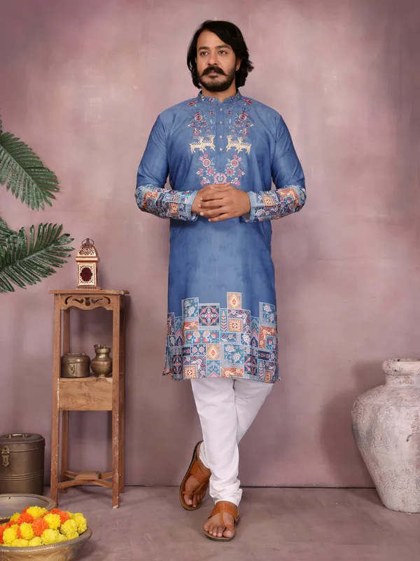 royal_blue-_Star_Silk_Straight_Embroidered_Kurta_For_Men