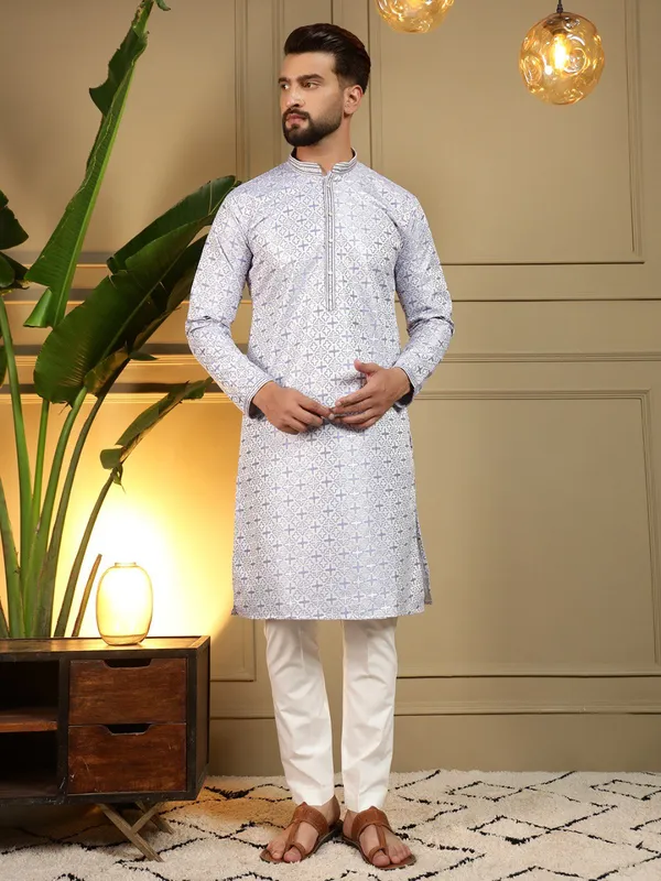 sky_blue_-_Star_Silk_Straight_Embroidered_Kurta_For_Men