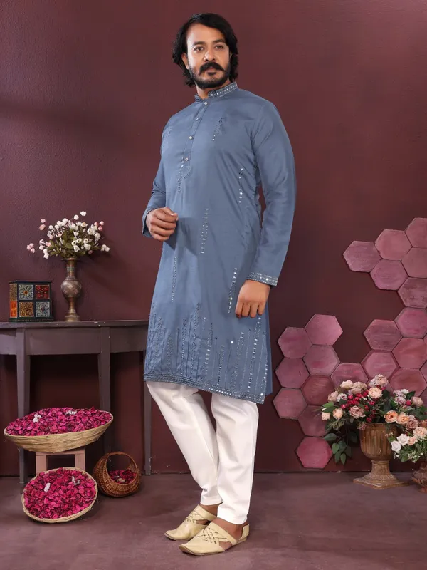 sky_blue_-_Star_Silk_Straight_Embroidered_Kurta_For_Men