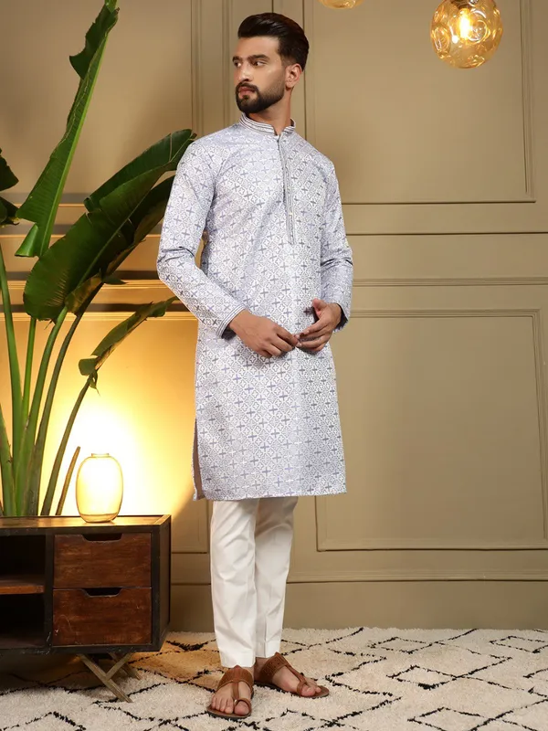 sky_blue_-_Star_Silk_Straight_Embroidered_Kurta_For_Men