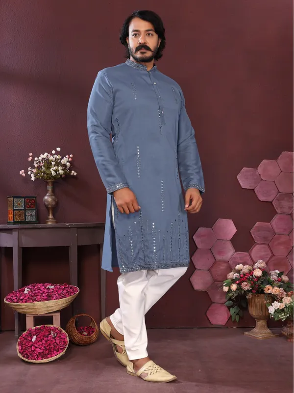 sky_blue_-_Star_Silk_Straight_Embroidered_Kurta_For_Men