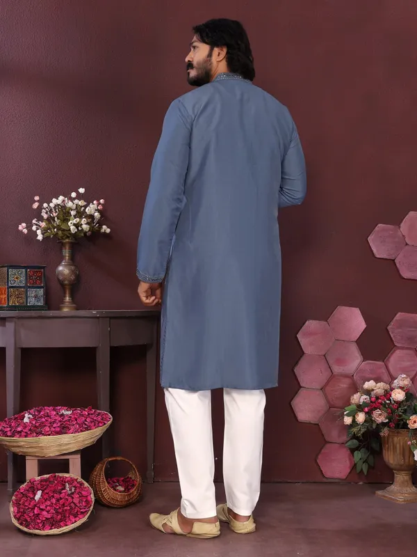 sky_blue_-_Star_Silk_Straight_Embroidered_Kurta_For_Men