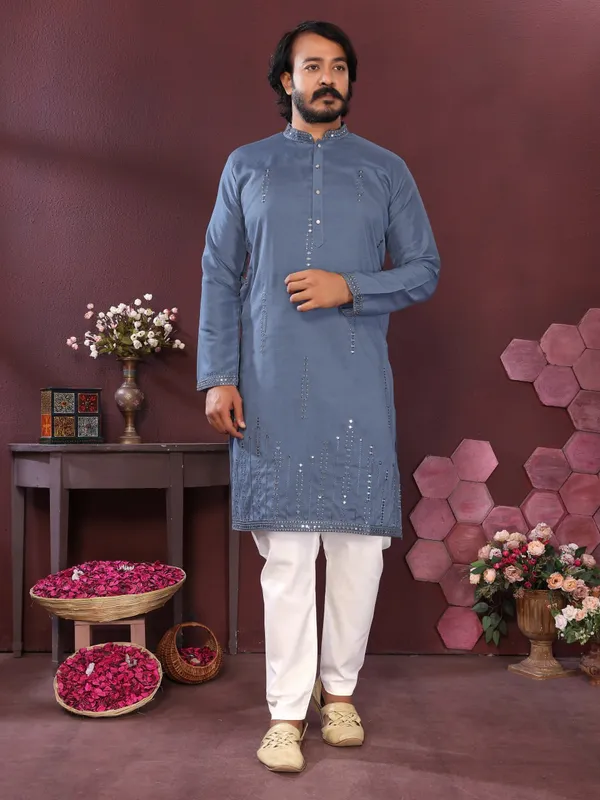 sky_blue_-_Star_Silk_Straight_Embroidered_Kurta_For_Men