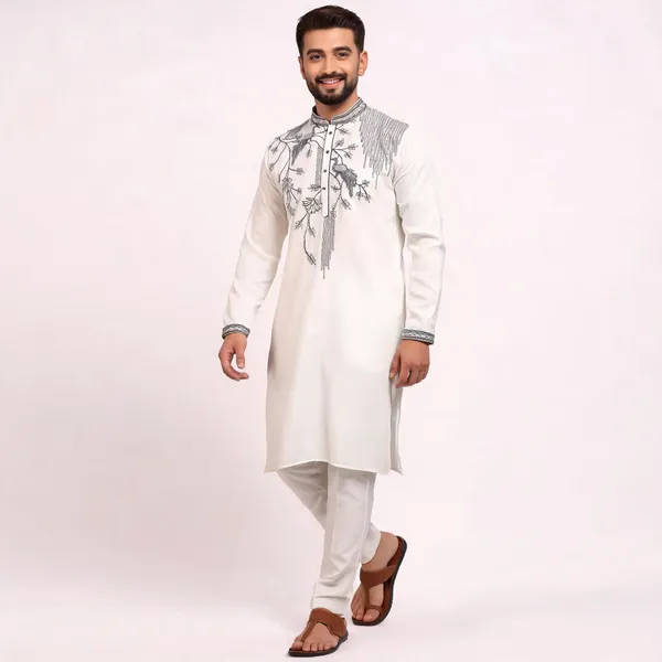 White_Viscose_Silk_Straight_Printed_Kurta_Set_For_Men