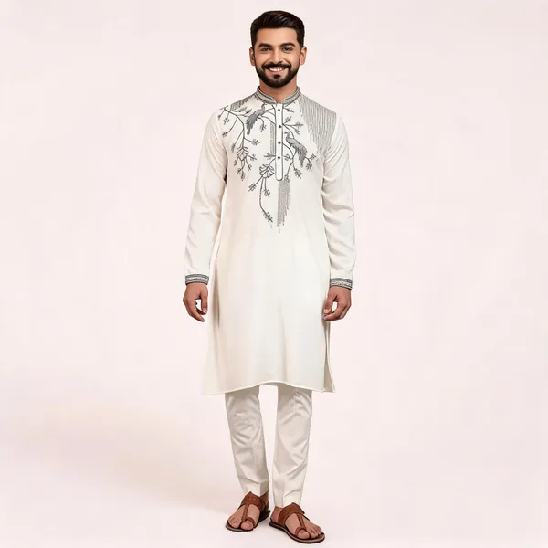 White_Viscose_Silk_Straight_Printed_Kurta_Set_For_Men