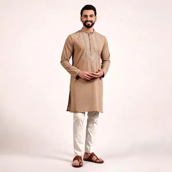 Beige_Cotton_Straight_Embroidered_Kurta_For_Men