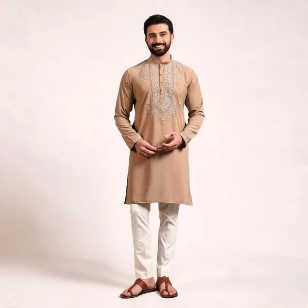 Beige_Cotton_Straight_Embroidered_Kurta_For_Men