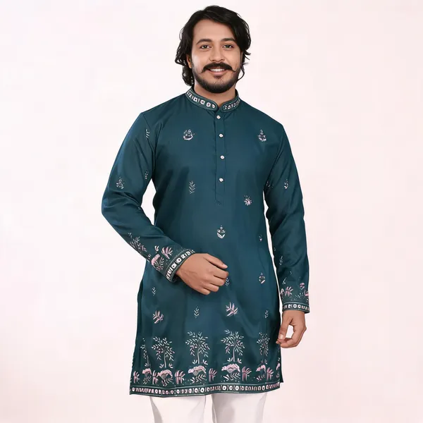 Teal_Cotton_Straight_Embroidered_Kurta_For_Men
