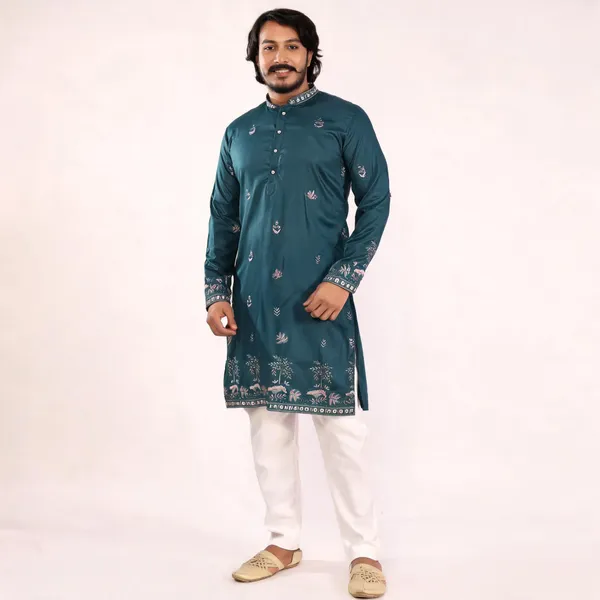 Teal_Cotton_Straight_Embroidered_Kurta_For_Men