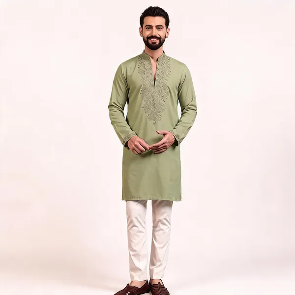 Sage_Green_Star_Silk_Straight_Embroidered_Kurta_For_Men