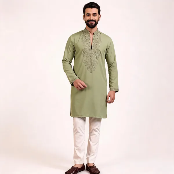 Sage_Green_Star_Silk_Straight_Embroidered_Kurta_For_Men