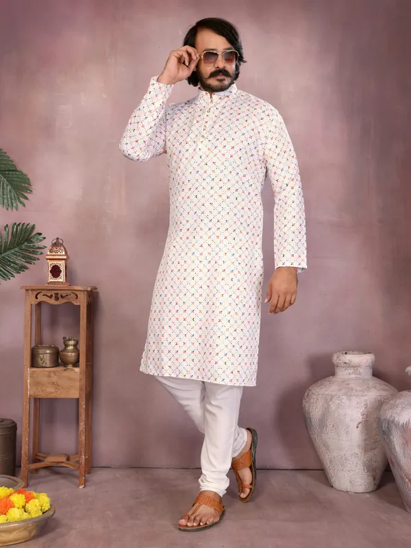 white-_Star_Silk_Straight_Embroidered_Kurta_For_Men
