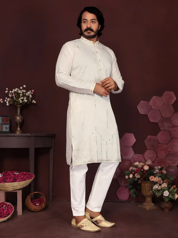 white-_Star_Silk_Straight_Embroidered_Kurta_For_Men