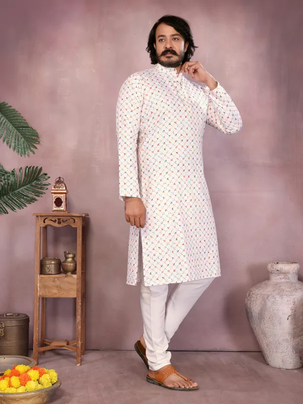 white-_Star_Silk_Straight_Embroidered_Kurta_For_Men